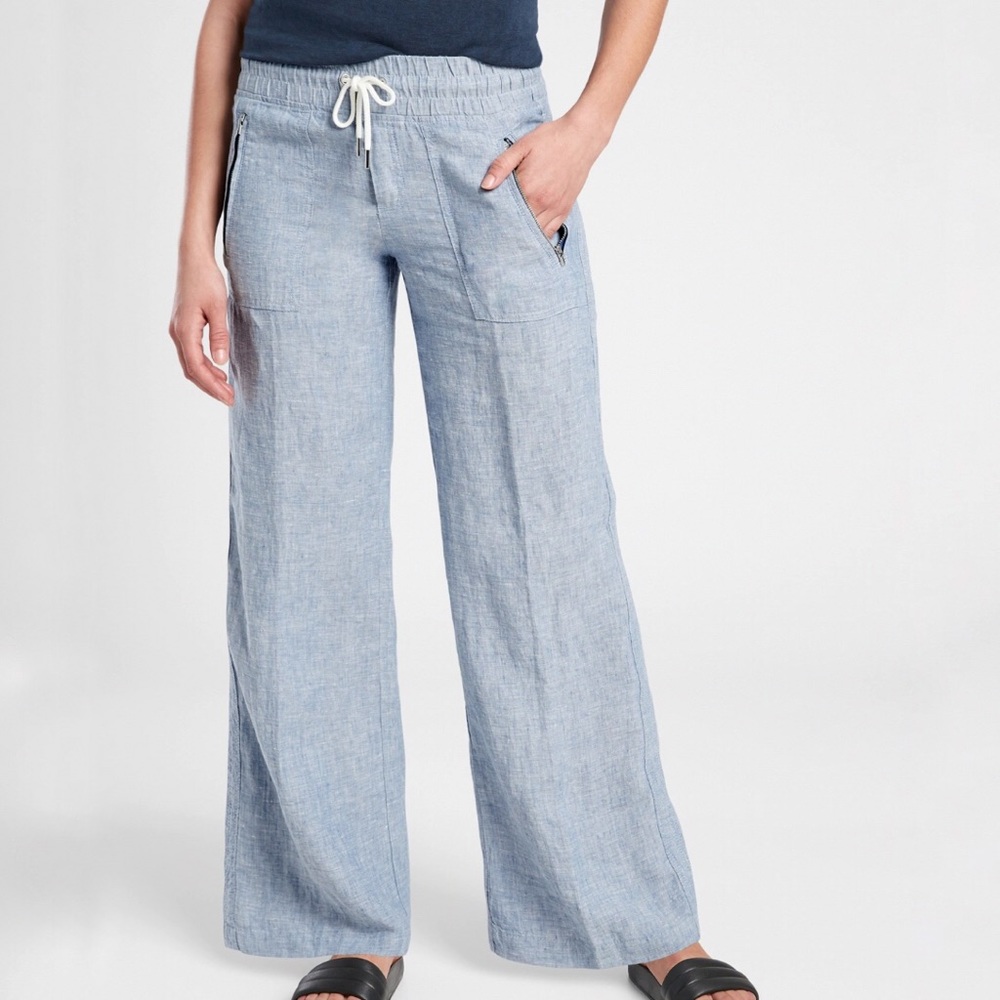 Athleta Cabo Wide Leg Linen Pants Light Blue Beach Summer Casual Vacation